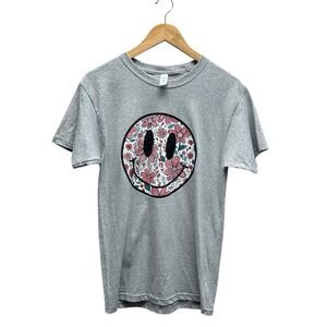 Smiley Face Graphic T-Shirt Small Gray Pink‎ Daisy Distressed Retro Tee Casual